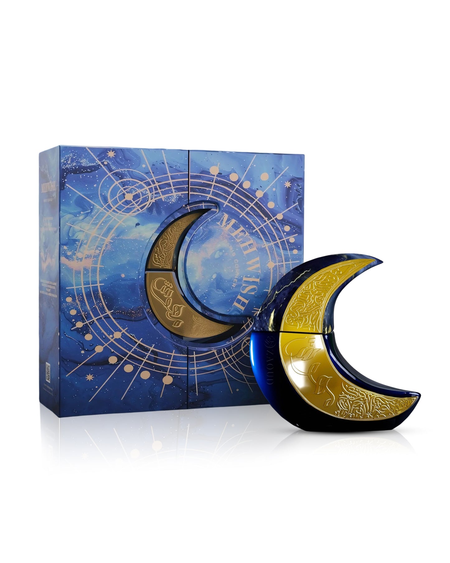 paris corner mehwish moon shape perfume bottle shows beside its packaging against white background