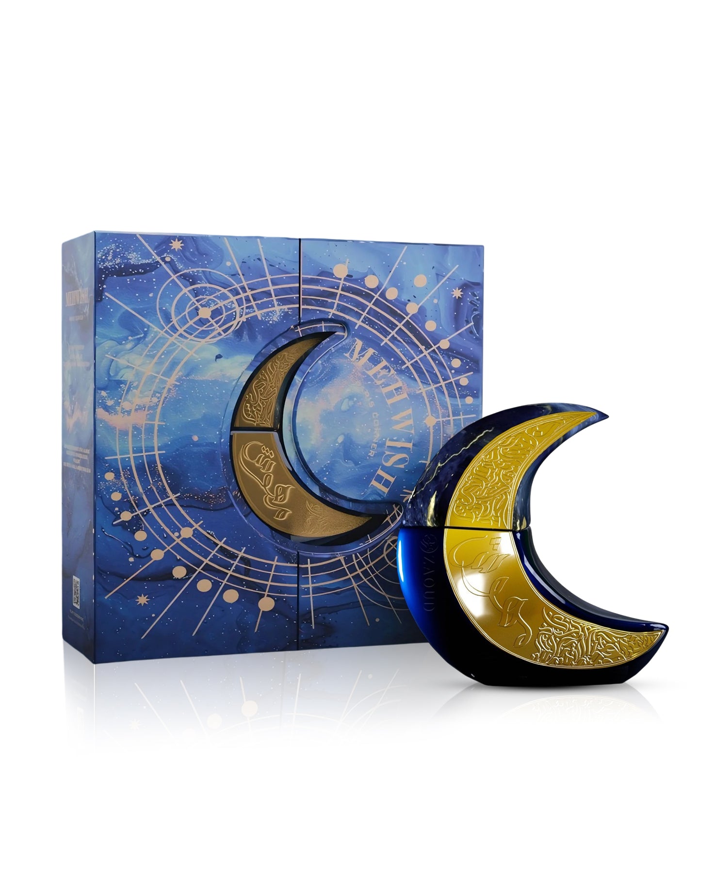 paris corner mehwish moon shape perfume bottle shows beside its packaging against white background