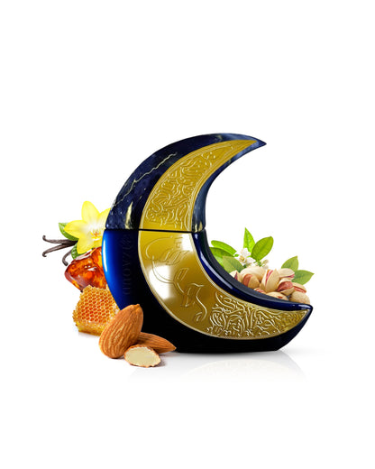 paris corner mehwish moon shape perfume bottle surrounded by fragrance notes like almond and pistachio shows against white background