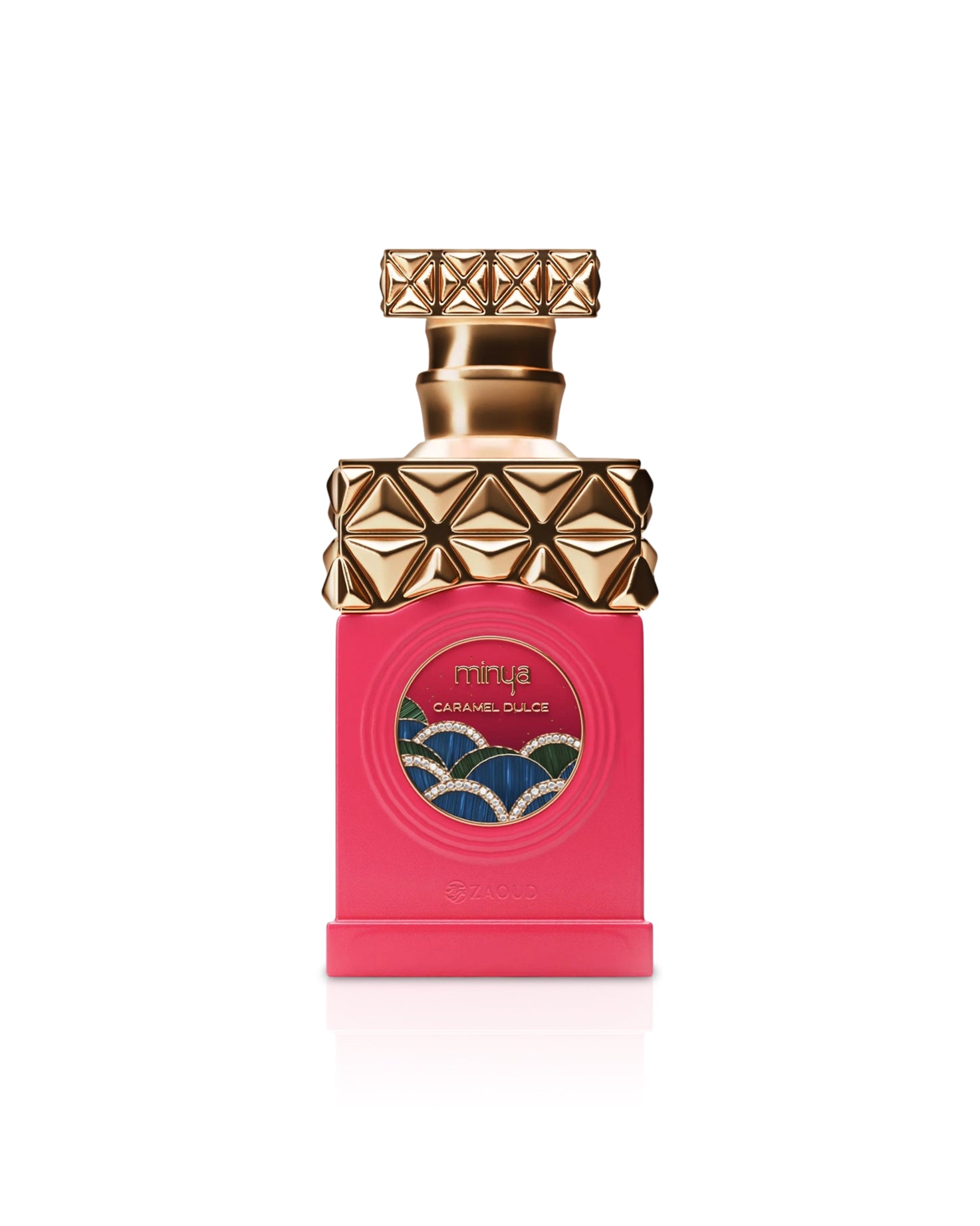 paris corner minya caramel dulce Perfume bottle with gold cap and pink body on a white background