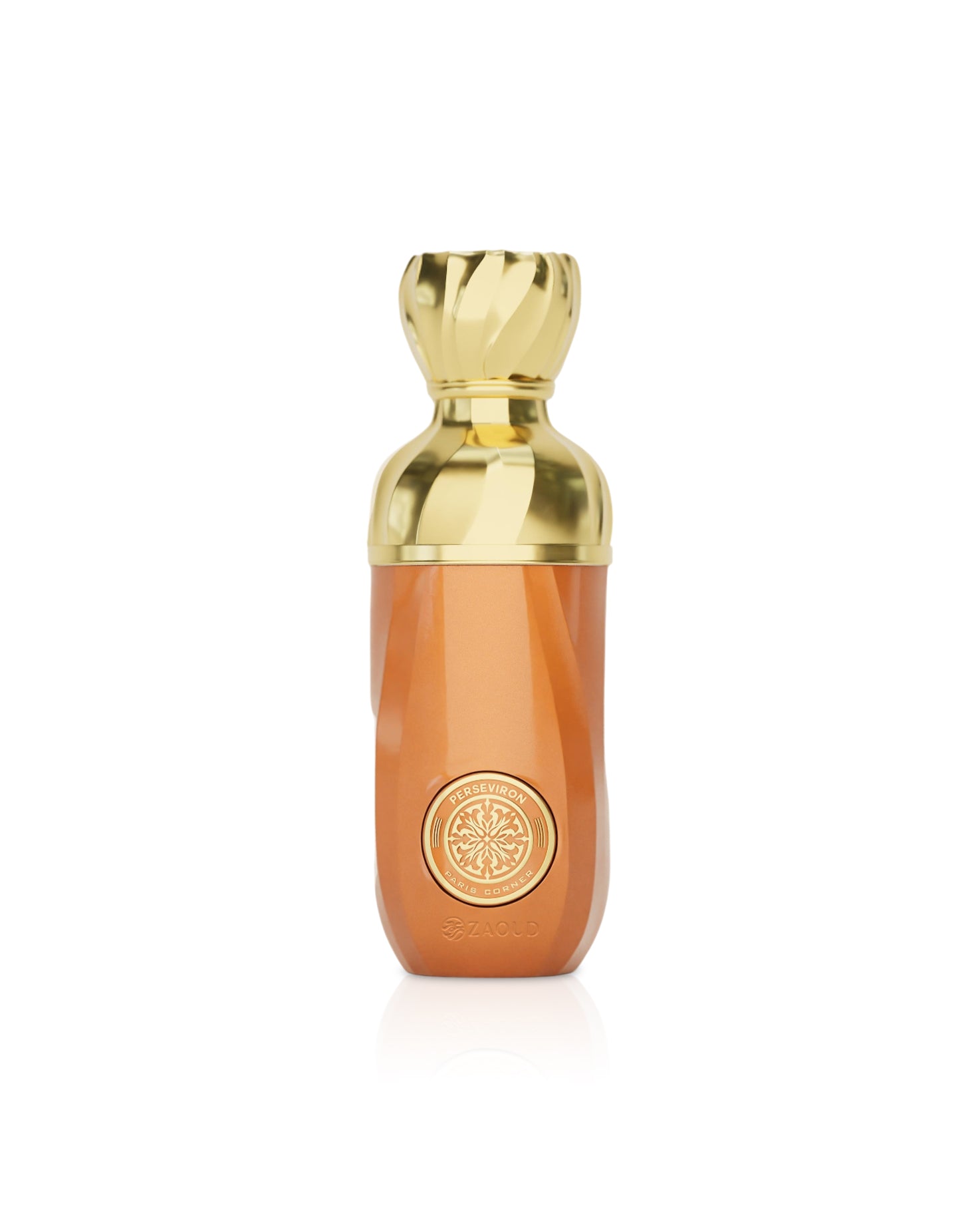 paris corner PERSEVIRON perfume Bottle with gold cap and circular emblem on a white background