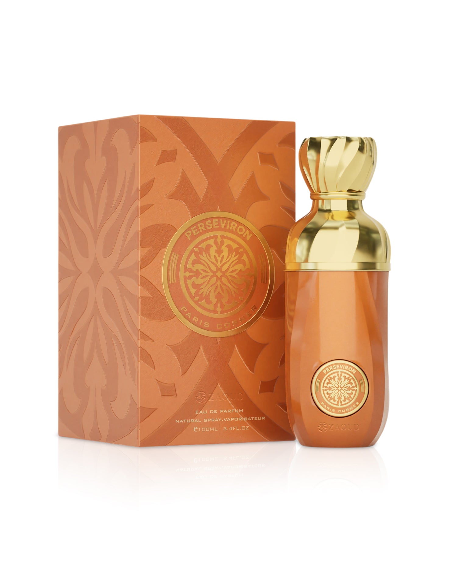 paris corner PERSEVIRON perfume bottle and packaging on a white background
