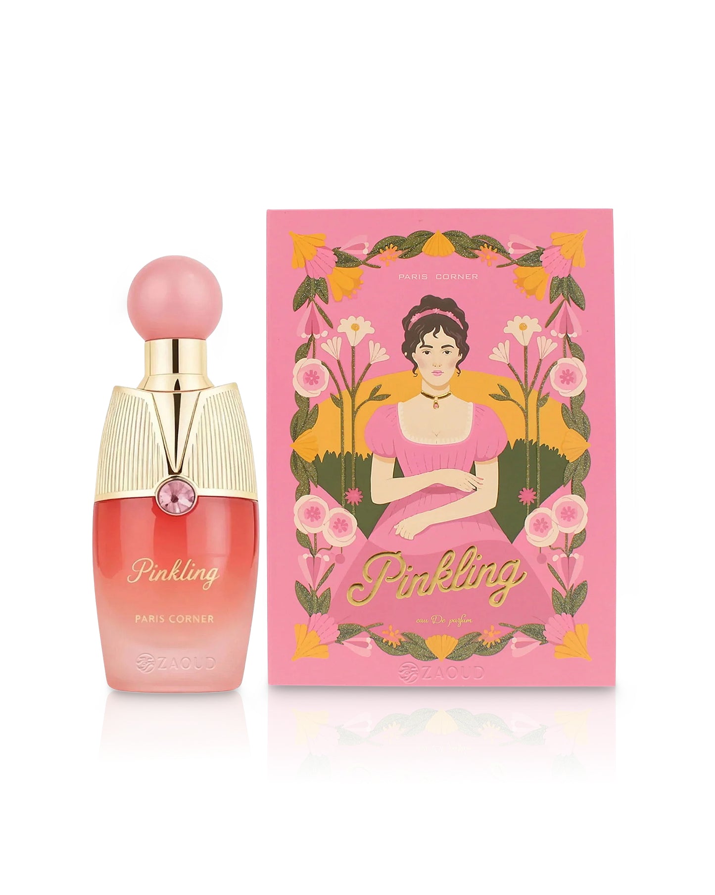 paris corner pinkling perfume bottle beside packaging shows against white background 