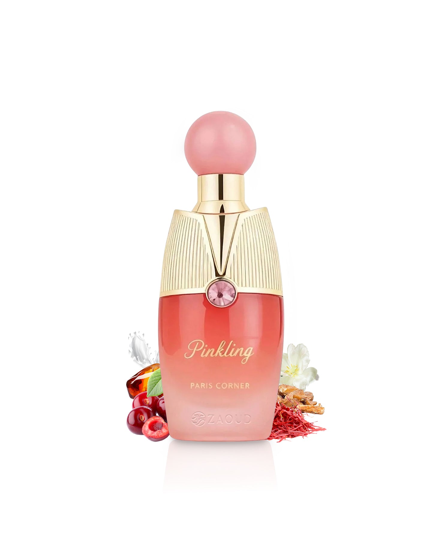 paris corner pinkling perfume bottle surrounded by fragrance notes like cherry and saffron shows against white background 