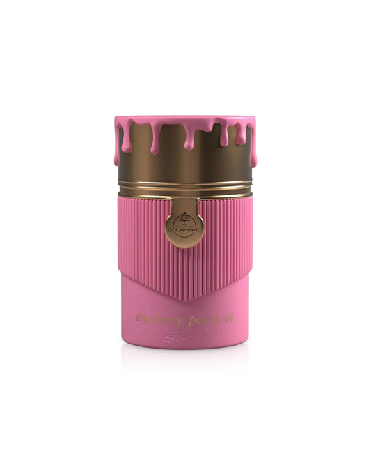 paris corner strawberry pound cake Pink cylindrical container with gold accents on a white background