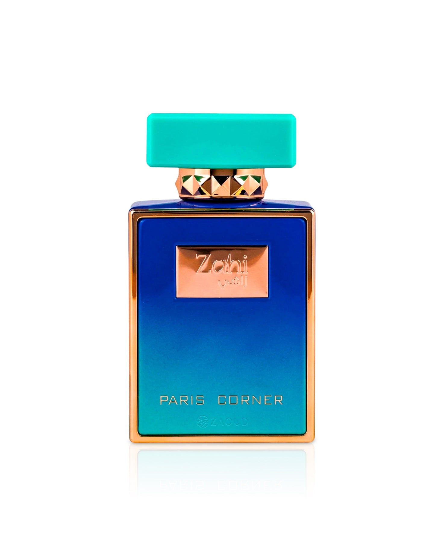 Paris Corner Zahi Blue perfume bottle with gold accents on a white background