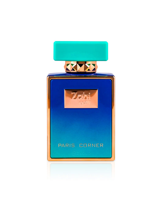 Paris Corner Zahi Blue perfume bottle with gold accents on a white background