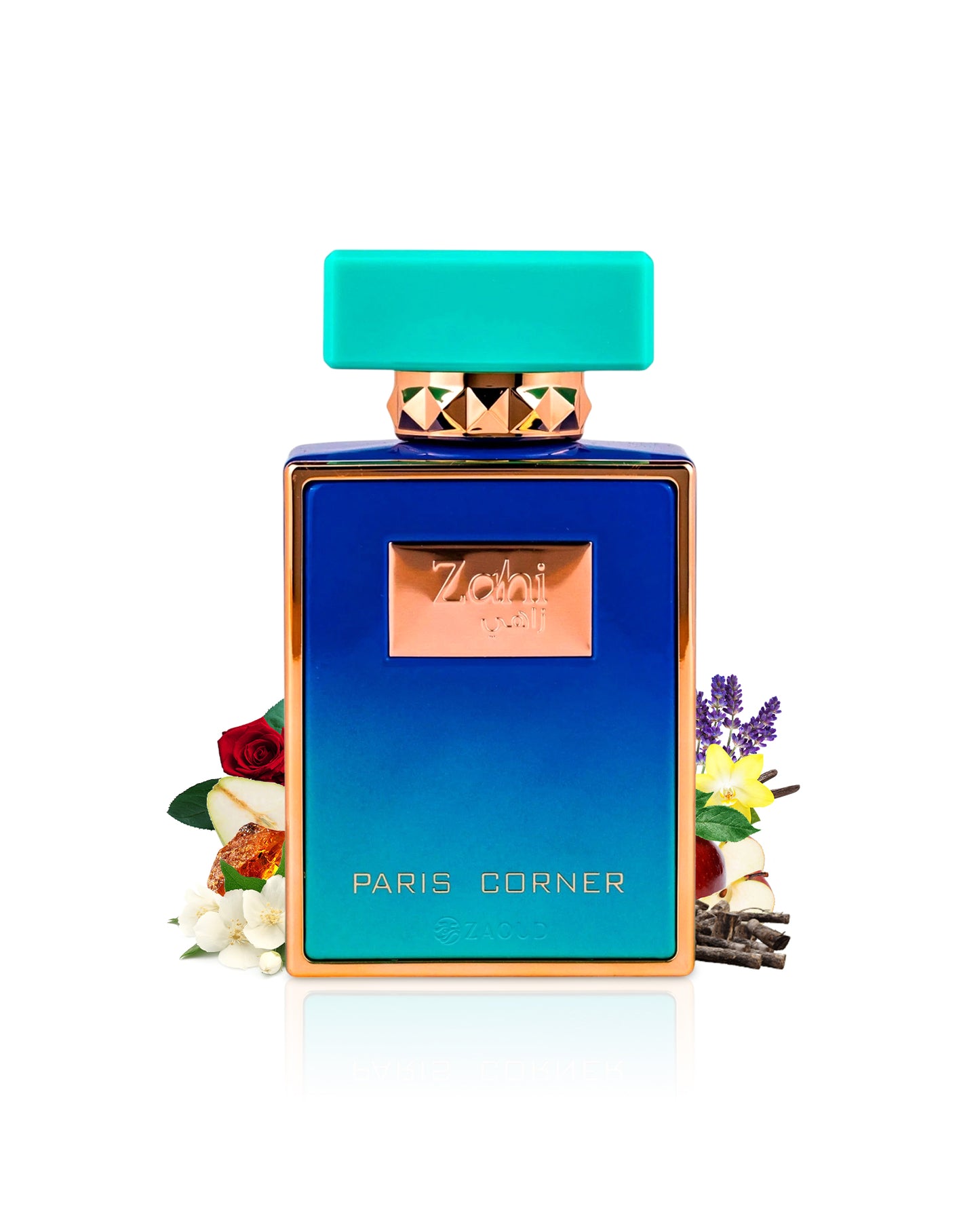 Paris Corner Zahi Perfume bottle with floral decorations like jasmine and apple  on a white background