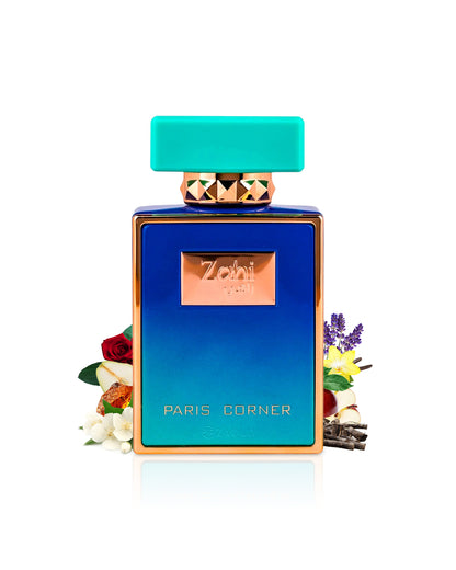 Paris Corner Zahi Perfume bottle with floral decorations like jasmine and apple  on a white background