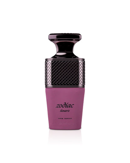 paris corner zodiac lunaris Purple and black zodiac perfume bottle on a white background