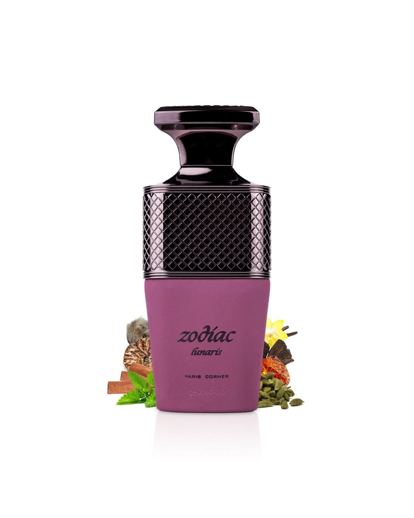 paris corner zodiac lunaris Purple and black zodiac bottle with decorative elements like amber and cardamom on a white background