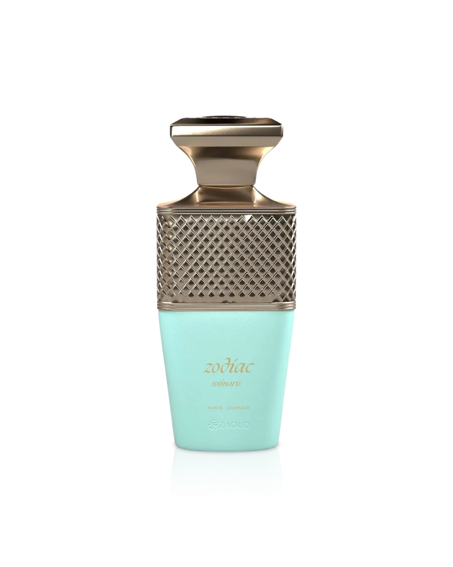 paris corner zodiac solmaris Perfume bottle with gold cap and turquoise base on a white background