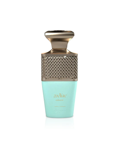 paris corner zodiac solmaris Perfume bottle with gold cap and turquoise base on a white background