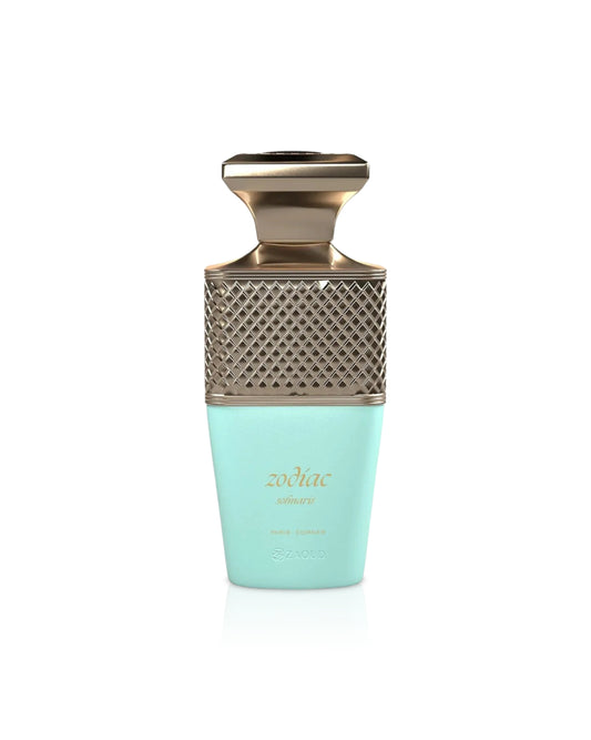 paris corner zodiac solmaris Perfume bottle with gold cap and turquoise base on a white background