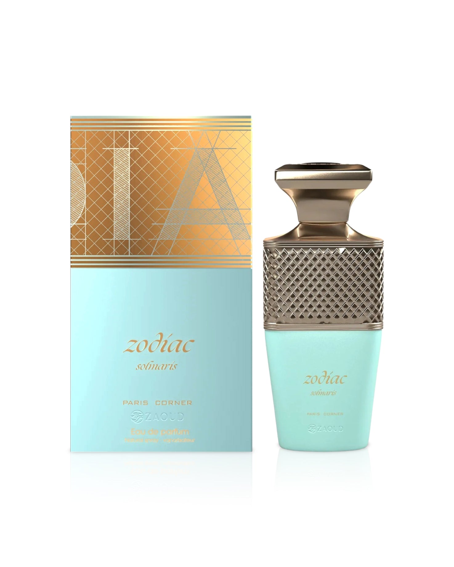 paris corner zodiac solmaris Perfume bottle and packaging with 'zodiac' branding on a white background