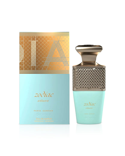 paris corner zodiac solmaris Perfume bottle and packaging with 'zodiac' branding on a white background