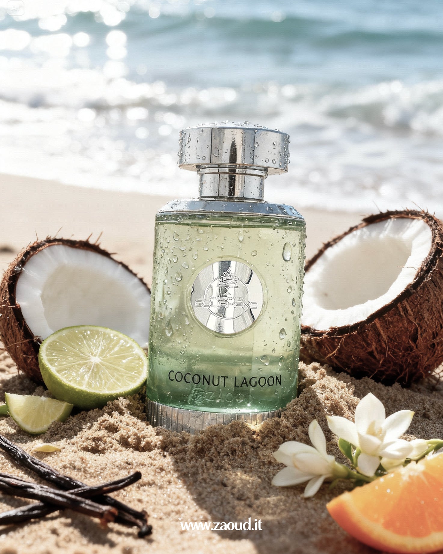Perfume bottle labeled 'Coconut Lagoon' on a sandy beach with coconuts, lime, orange, and vanilla beans.