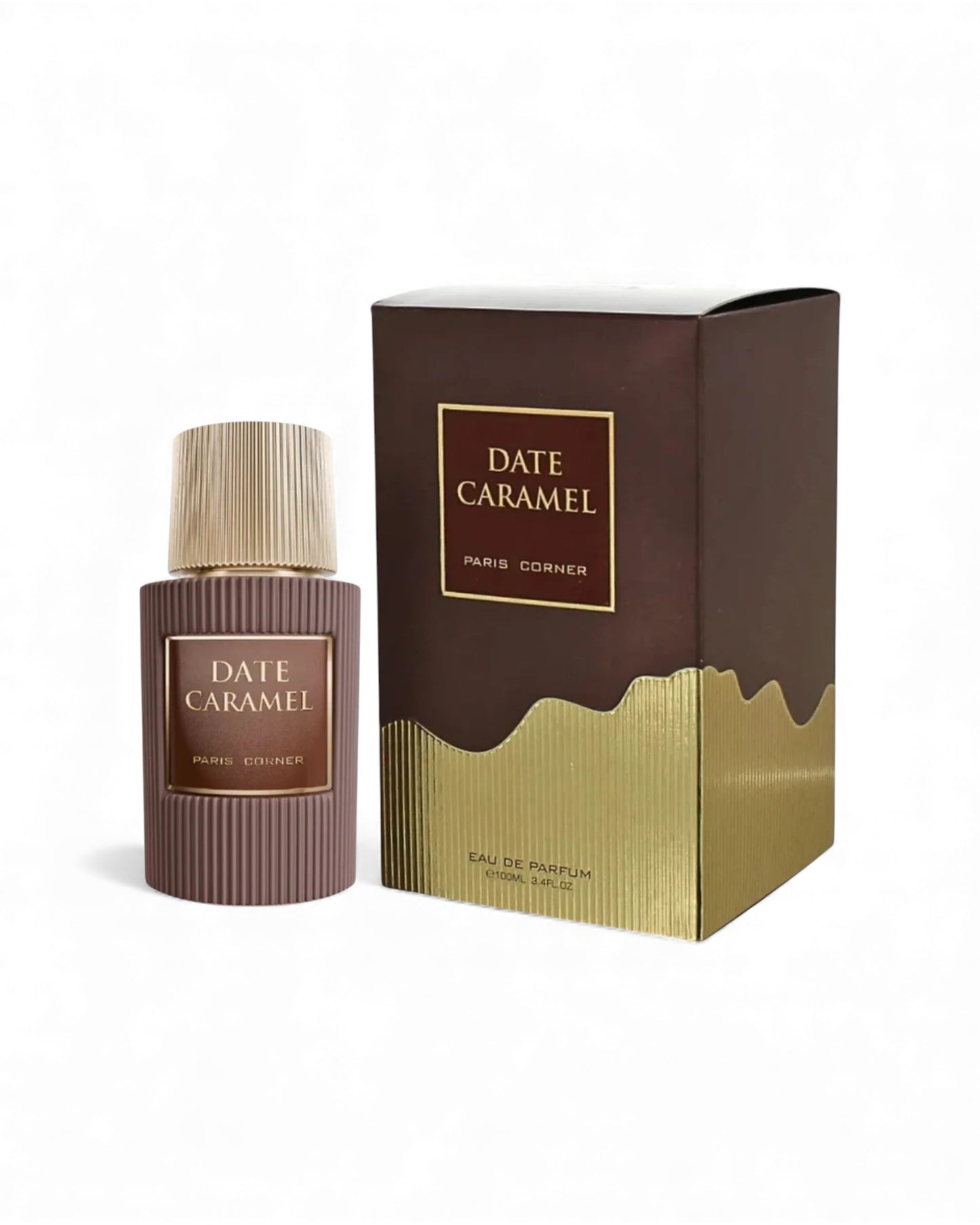 paris corner Date Caramel perfume bottle and packaging on a white background