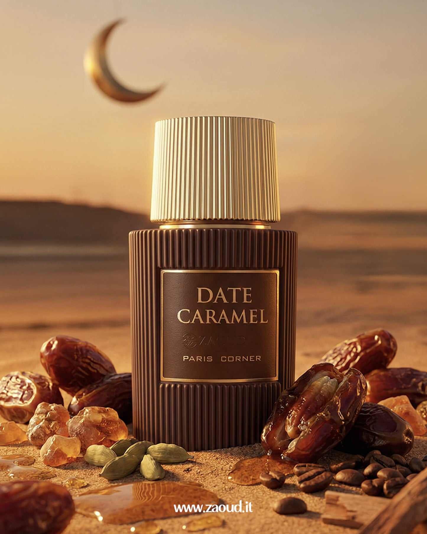 Perfume bottle labeled 'Date Caramel' with dates and a moon in the background