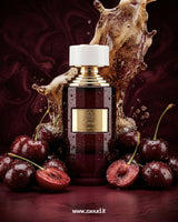Cherry Cola perfume bottle by Paris Corner surrounded by fresh cherries and cola splash, representing a fizzy sweet gourmand fragrance.