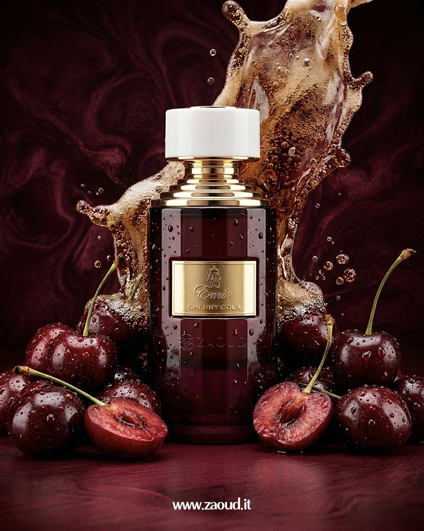 Cherry Cola perfume bottle by Paris Corner surrounded by fresh cherries and cola splash, representing a fizzy sweet gourmand fragrance.