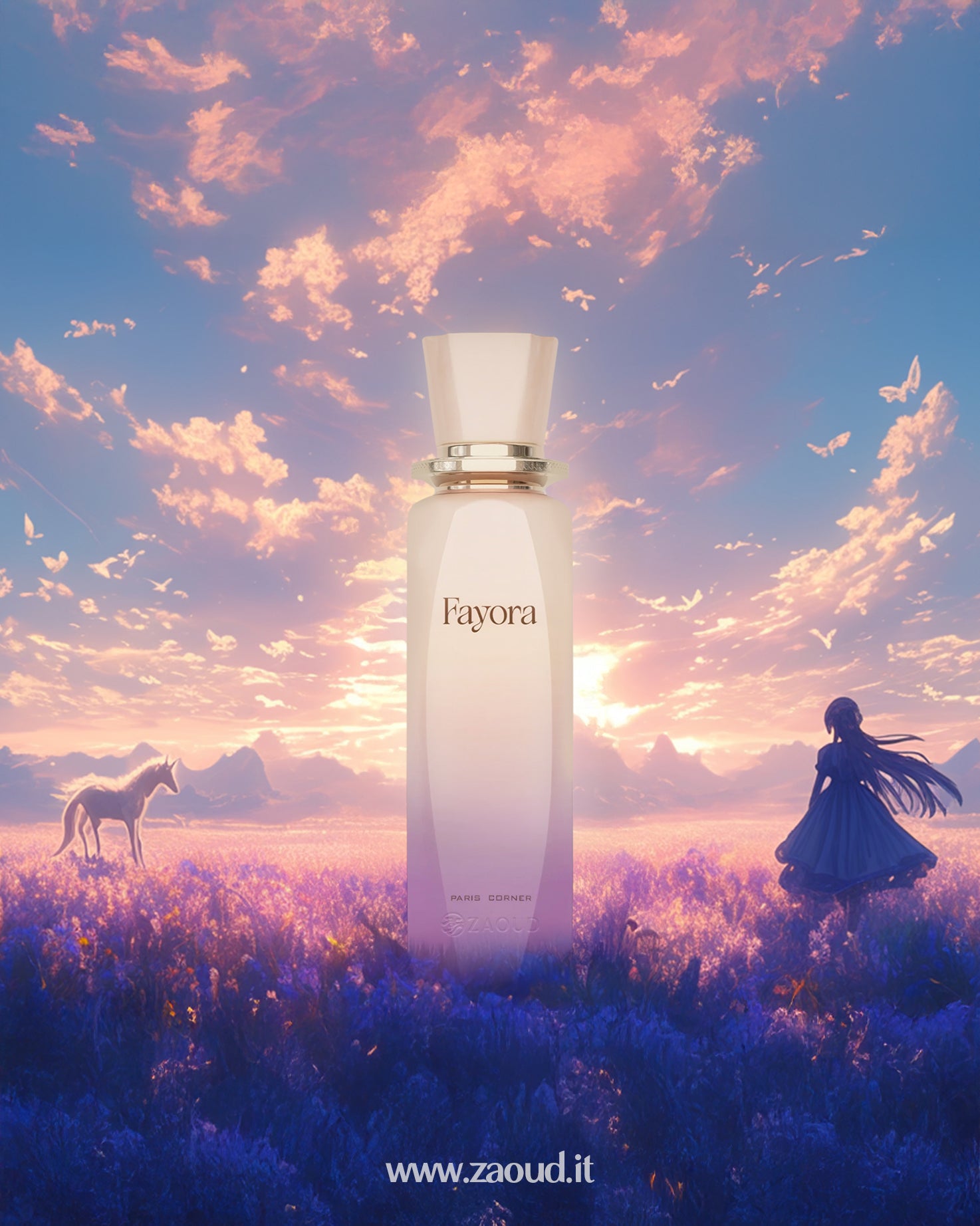 Perfume bottle labeled 'Fayora' with a scenic background of a horse, person, and sunset.