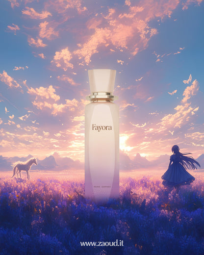 Perfume bottle labeled 'Fayora' with a scenic background of a horse, person, and sunset.