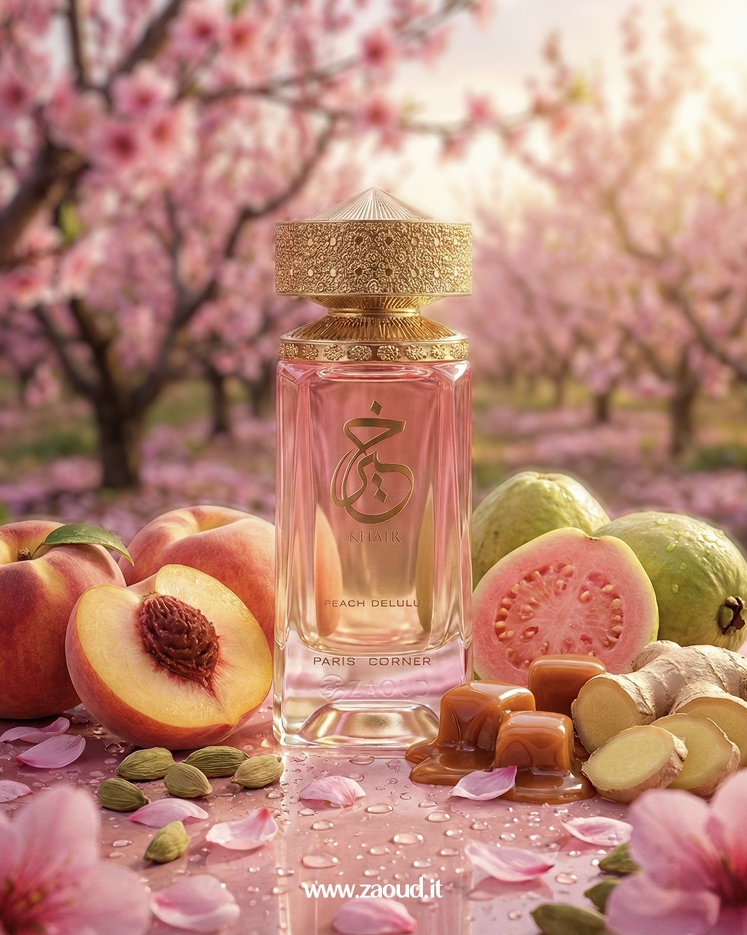 paris-corner-khair-peach-delulu-edp Perfume bottle with pink floral design on a table with fruits and flowers, cherry blossom background