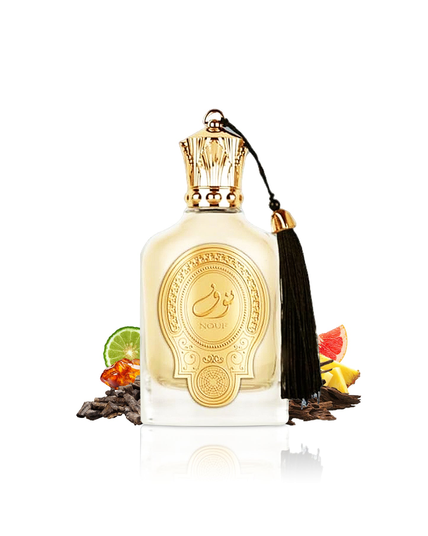 paris corner nouf perfume bottle surrounded with fragrance notes like amber and pineapple shows from behind the bottle against white background