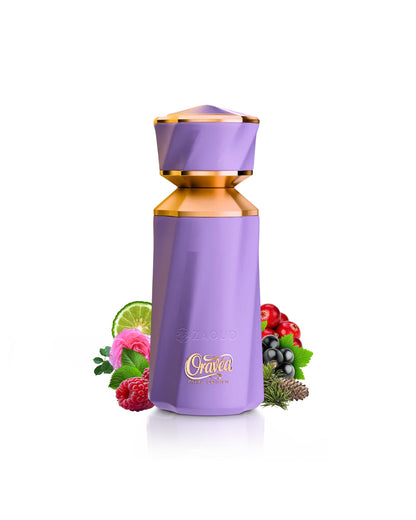 paris corner oravea perfume bottle surrounded with fragrance notes like raspberry and pine shows against white background