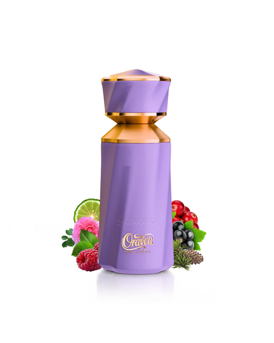 paris corner oravea perfume bottle surrounded with fragrance notes like raspberry and pine shows against white background