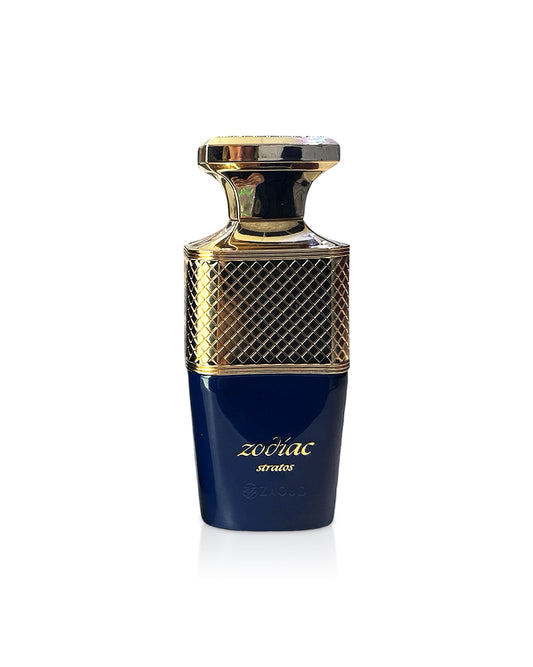 PAris corner zodiac stratos Perfume bottle with gold cap and navy base on a white background
