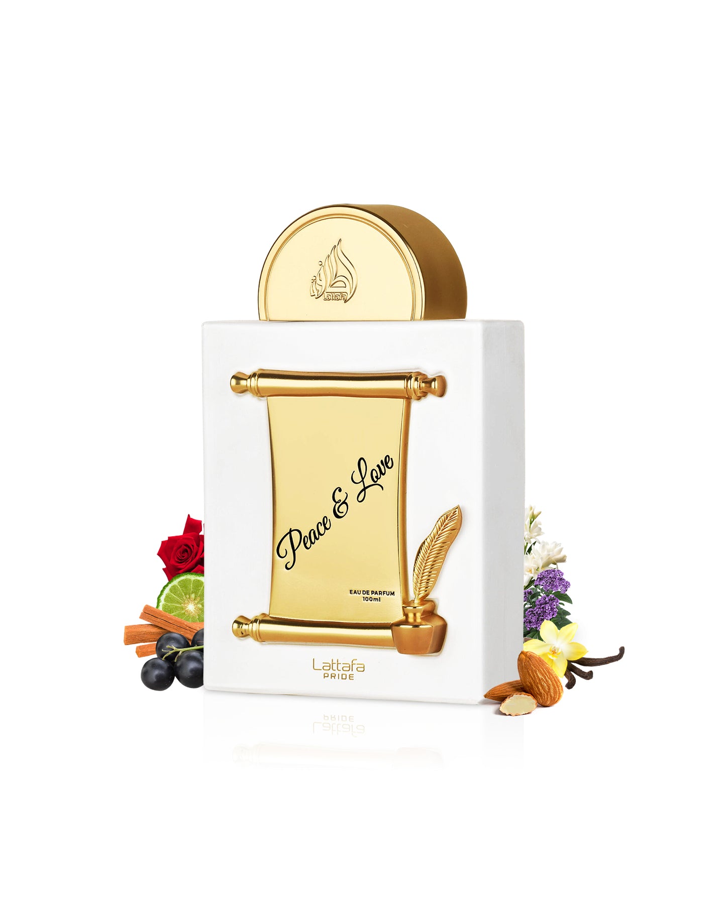 lattafa peace and love perfume bottle surrounded with flowers and almond with vanilla shows against white background