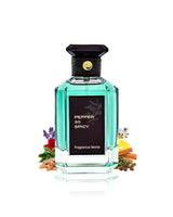 fragrance world pepper so spicy perfume bottle surrounded with fragrance notes like sandalwood and cloves shows from behind the bottle against white background