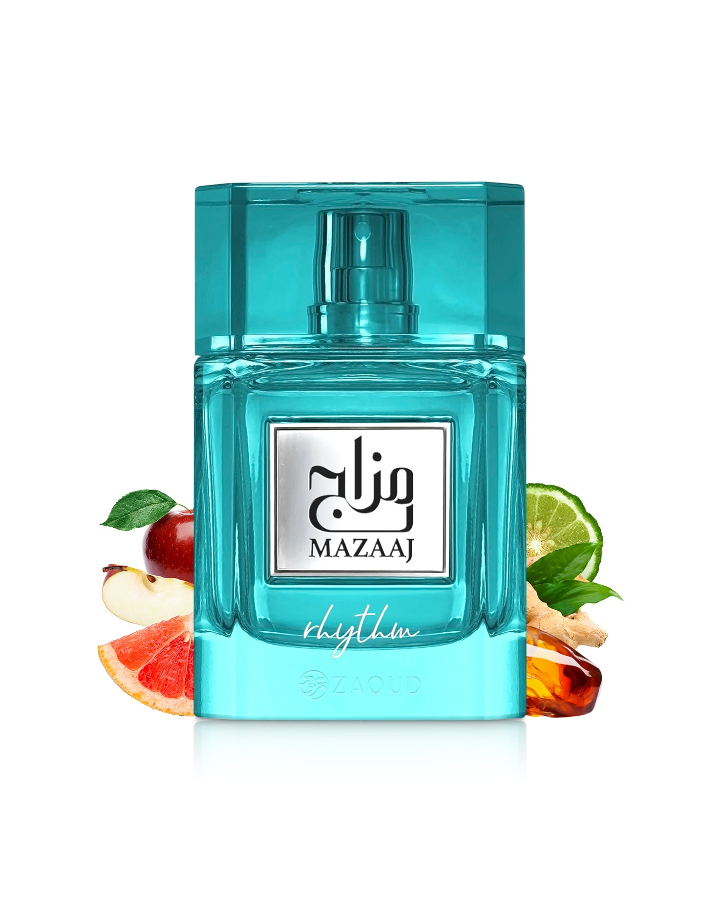 Mazaaj rhythm perfume bottle surrounded by fragrance notes like amber and apple shows against white background