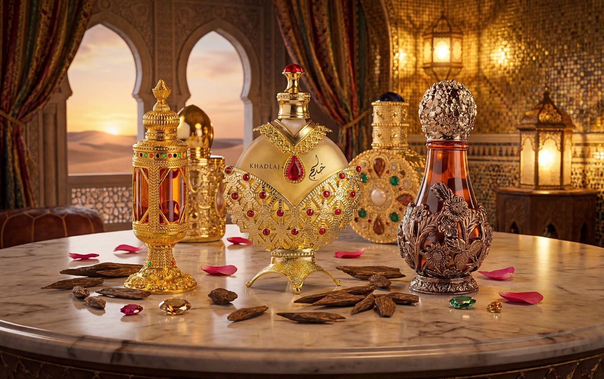 Perfume oil bottles displayed on marble