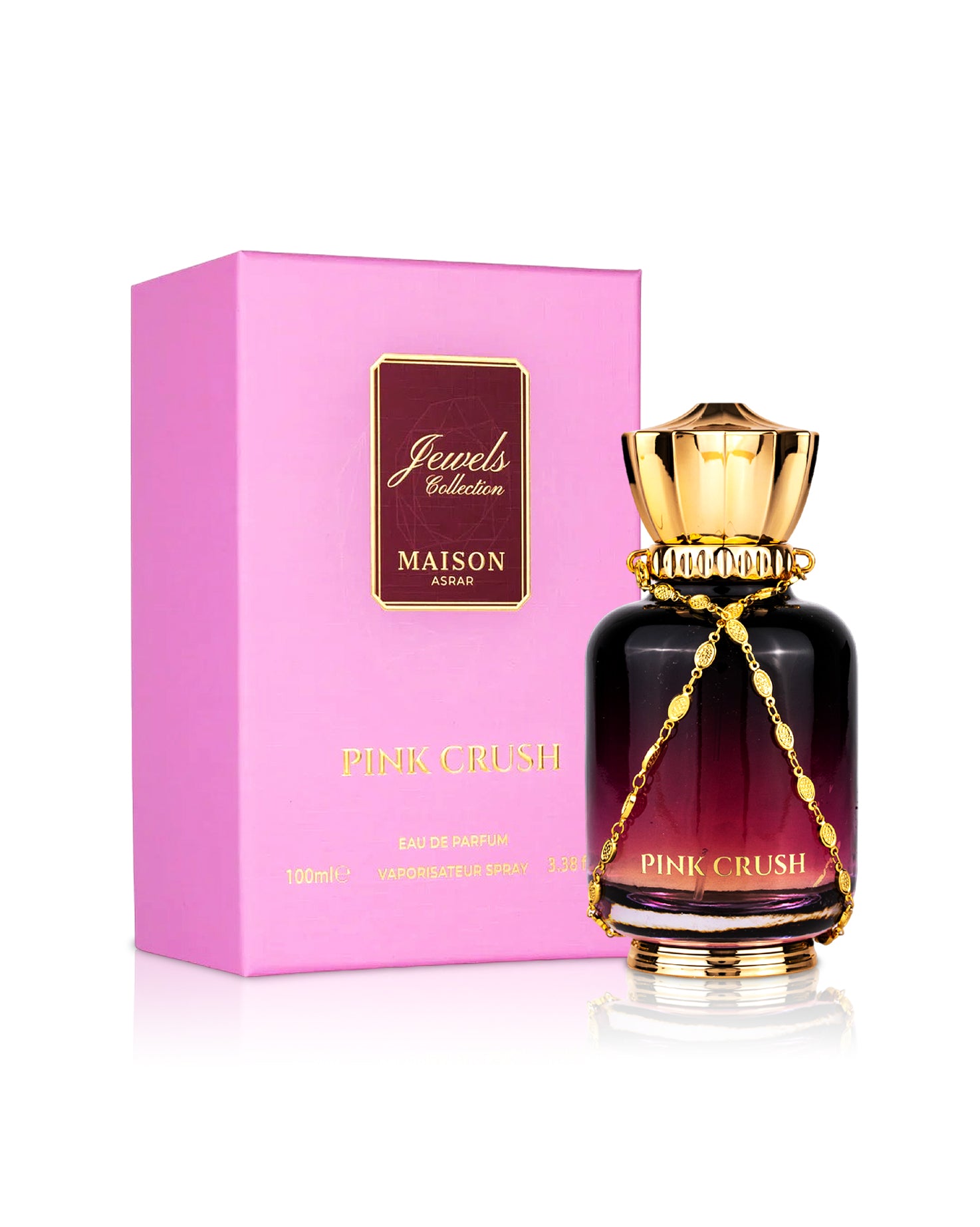 maison asrar pink crush perfume bottle  shows beside its box 
against white background