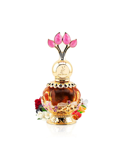 khadlaj pink musk perfume oil bottle surrounded with fragrance notes like rose and jasmine shows against white background