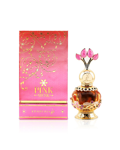 khadlaj pink musk perfume oil bottle shows beside its box against white background