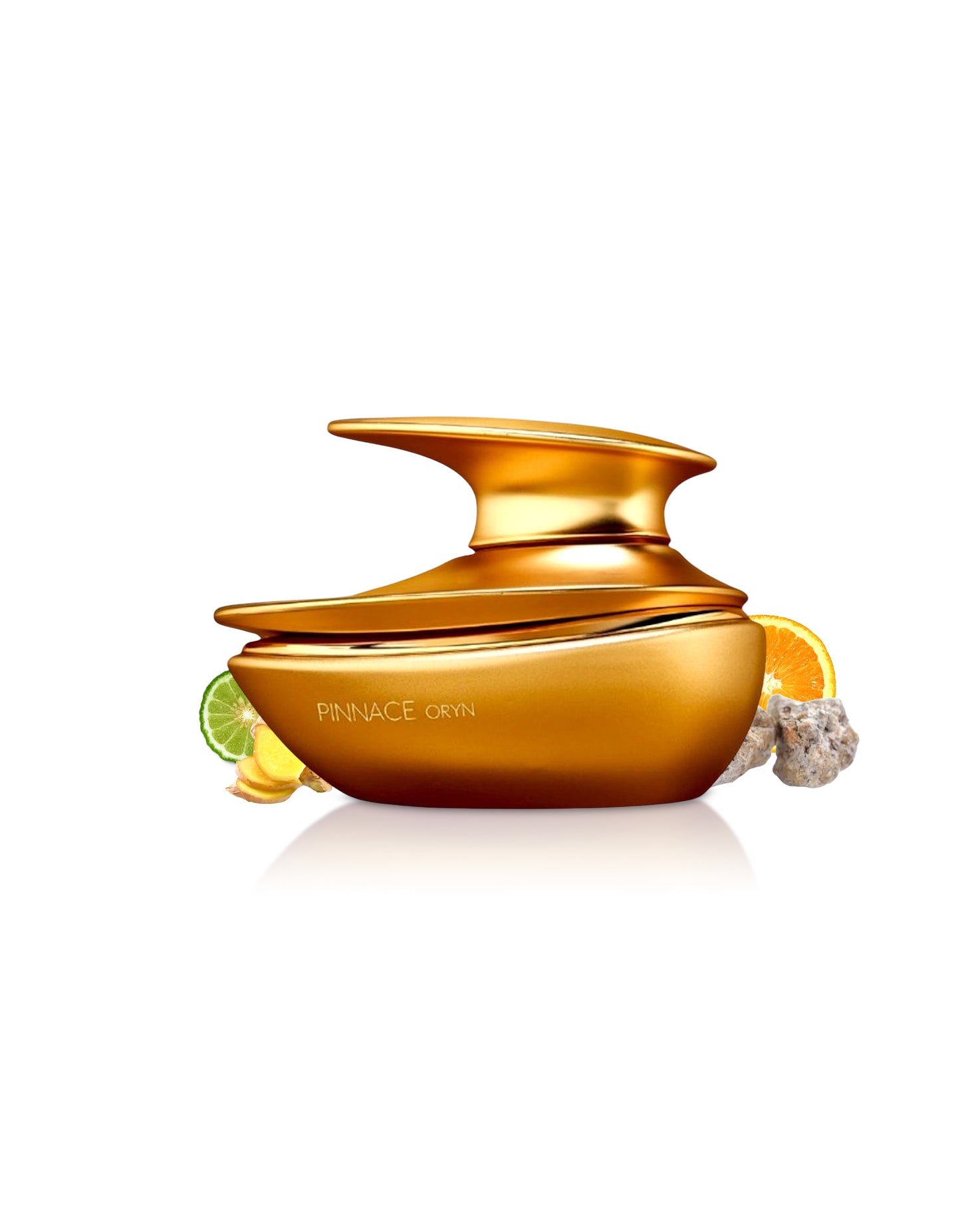 pinnace oryn perfume bottle surrounded byfragrance notes like orange and ginger shows against white background