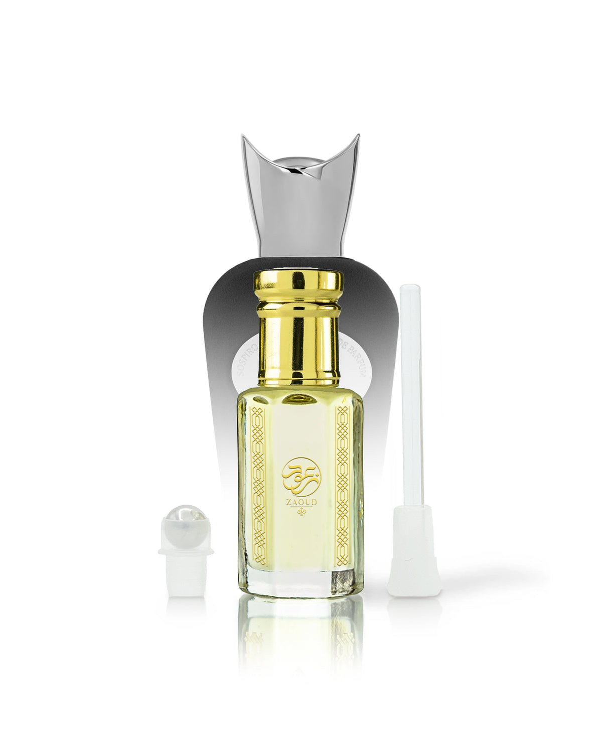 Pomela perfume OIL bottle with a shiny gold cap and gold decorative print, shown with a silver atomizer cap and a white applicator wand on a clean white background.