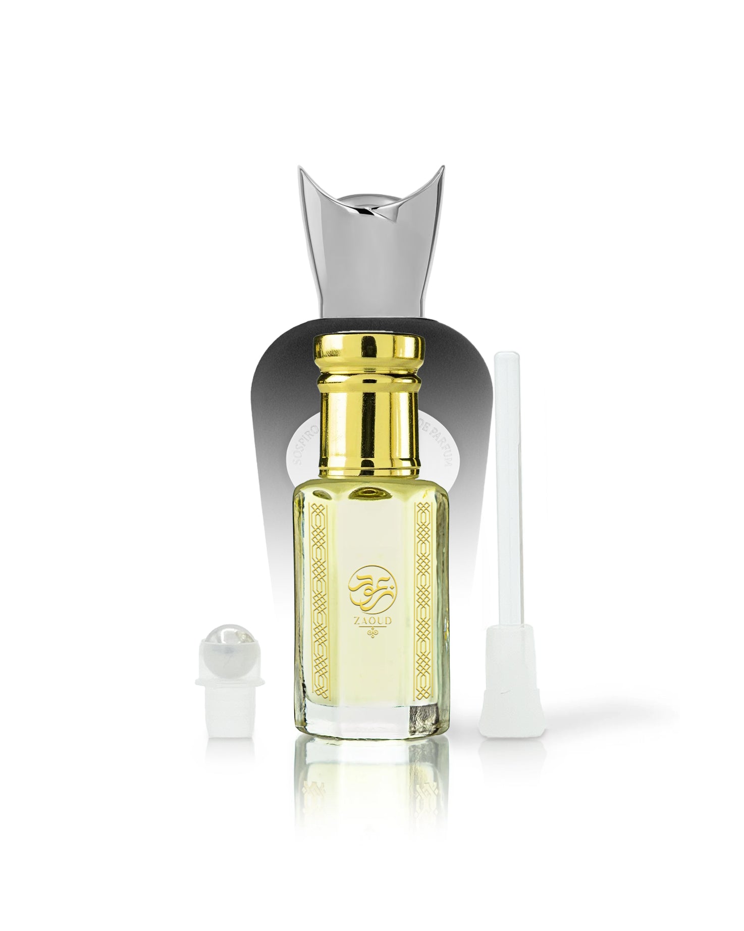 Pomela perfume OIL bottle with a shiny gold cap and gold decorative print, shown with a silver atomizer cap and a white applicator wand on a clean white background.