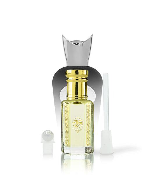 Pomela perfume OIL bottle with a shiny gold cap and gold decorative print, shown with a silver atomizer cap and a white applicator wand on a clean white background.