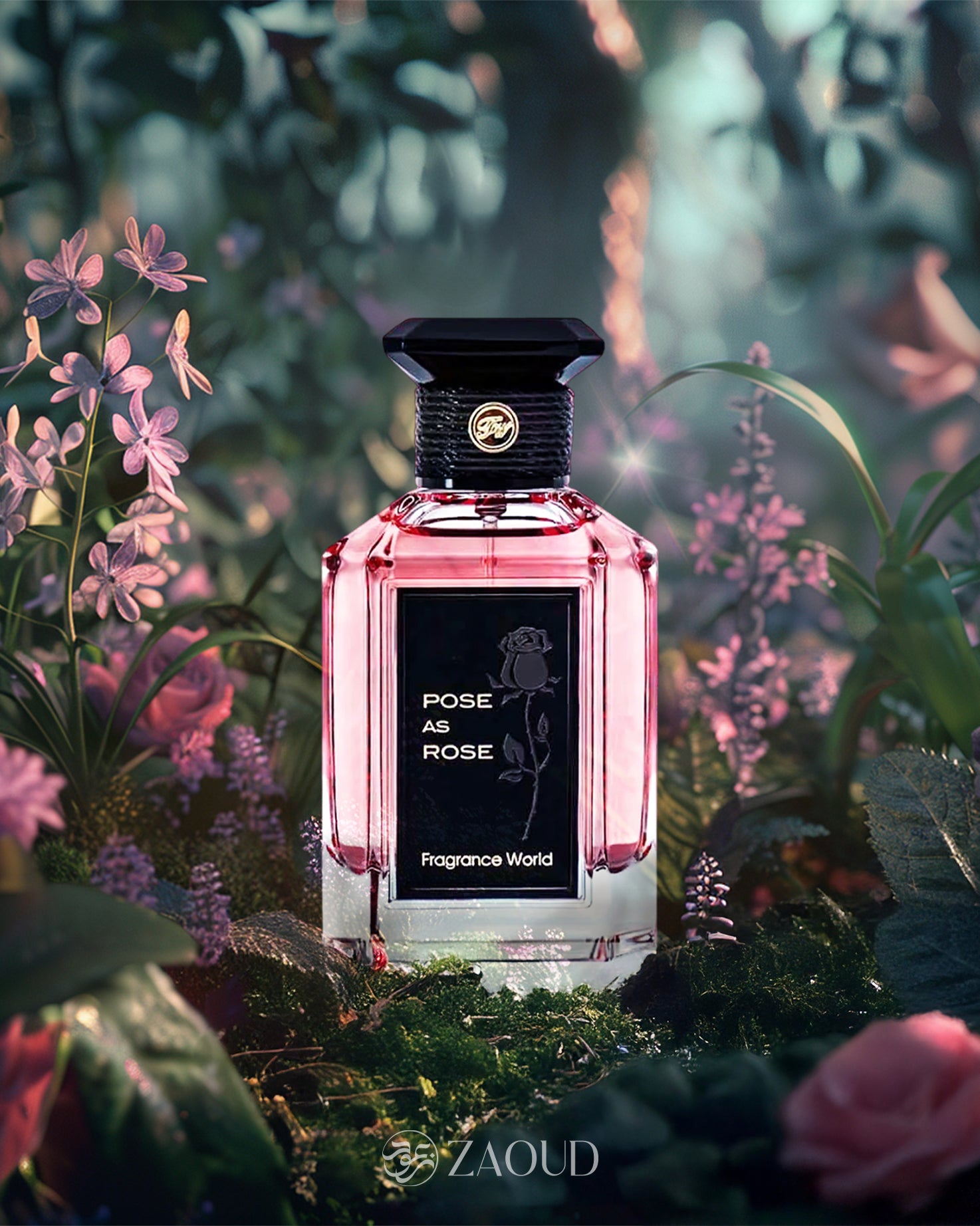 fragrance world pose as rose perfume bottle photograph surrounded with flowers inside jungle.