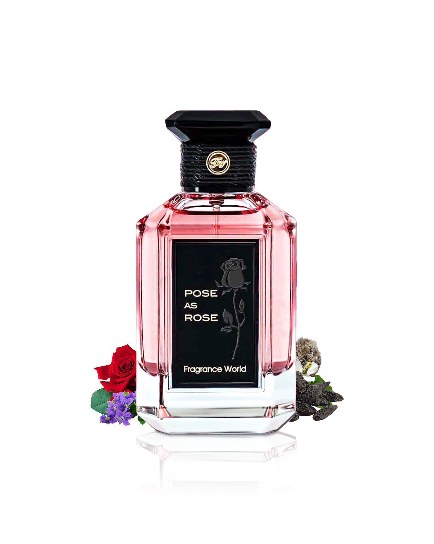 fragrance world pose as rose perfume bottle surrounded with its fragrance notes like rose and tonka beans shows from behind the bottle against white background