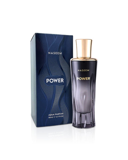 POWER AQUA PARFUM BY NASEEM PERFUME bottle shows beside its box against white background