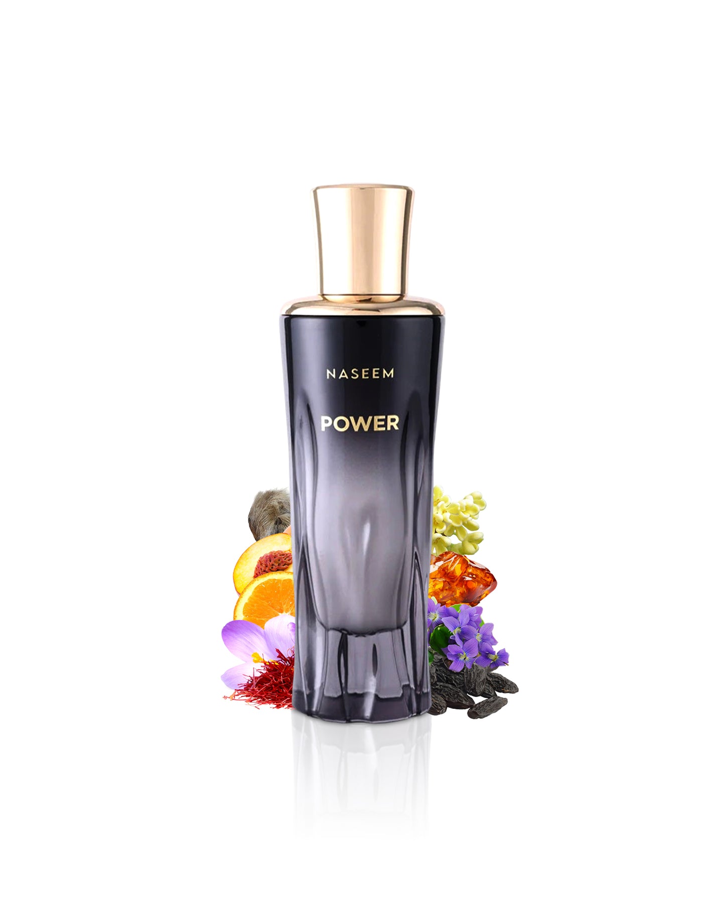 POWER AQUA PARFUM BY NASEEM PERFUME bottle surrounded with its ingredients like amber and tonka beans with many others shows from behind the bottle  against white background