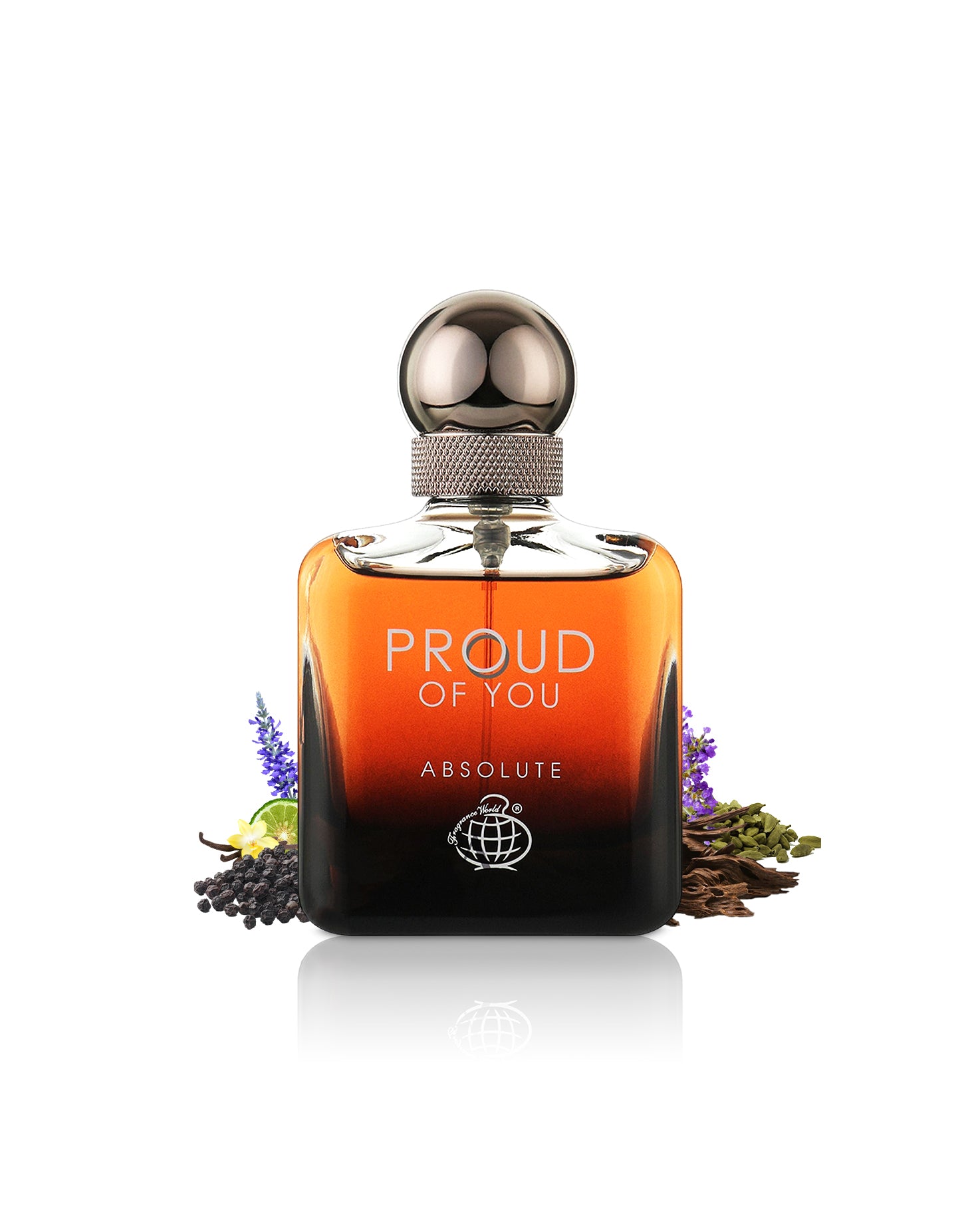 fragrance world proud of you absolute perfume bottle surrounded with its fragrance notes like vanilla and amber shows from behind the bottle against white background