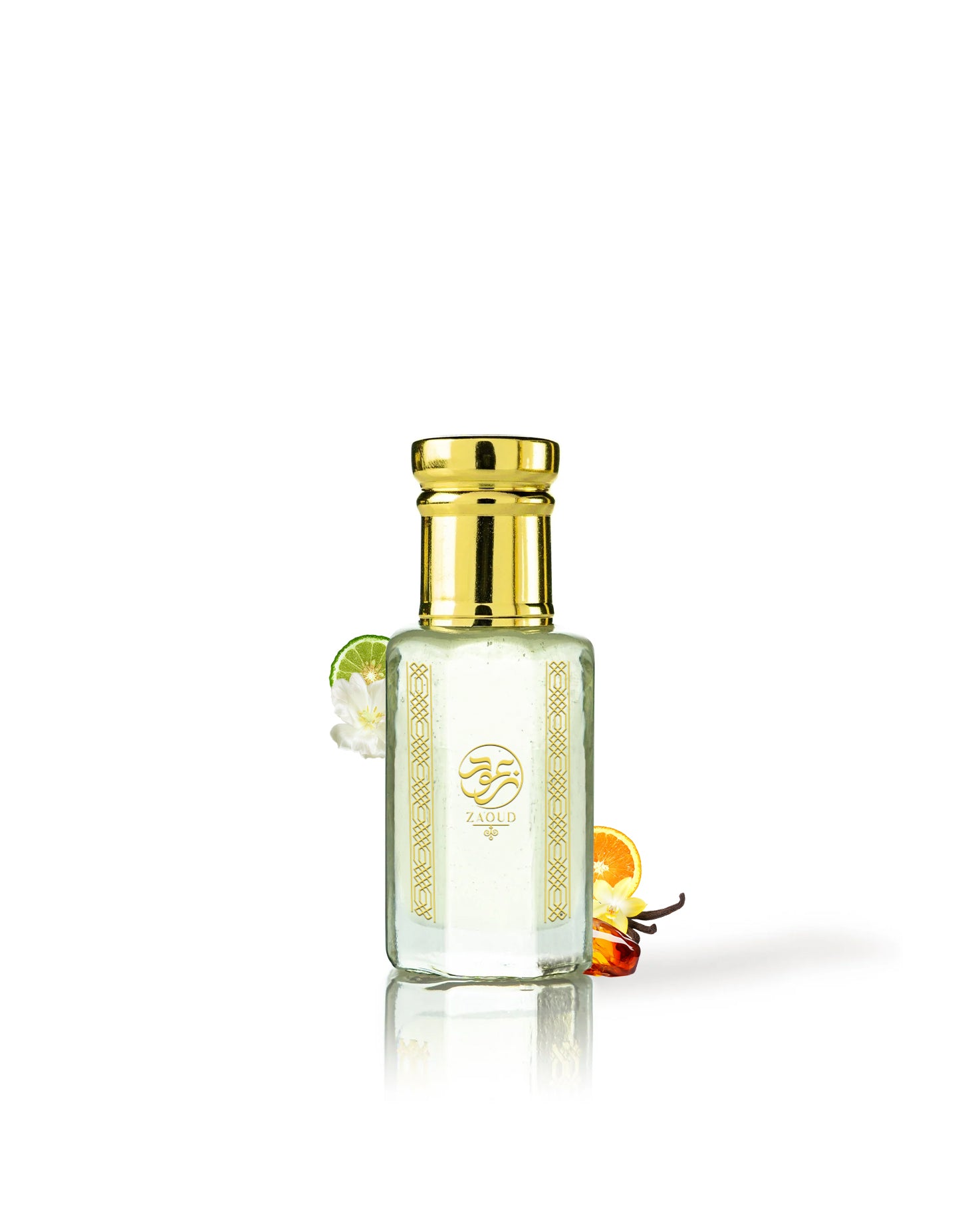 puravera perfume oil bottle surrounded with fragrance notes like fruits and amber shows against white background