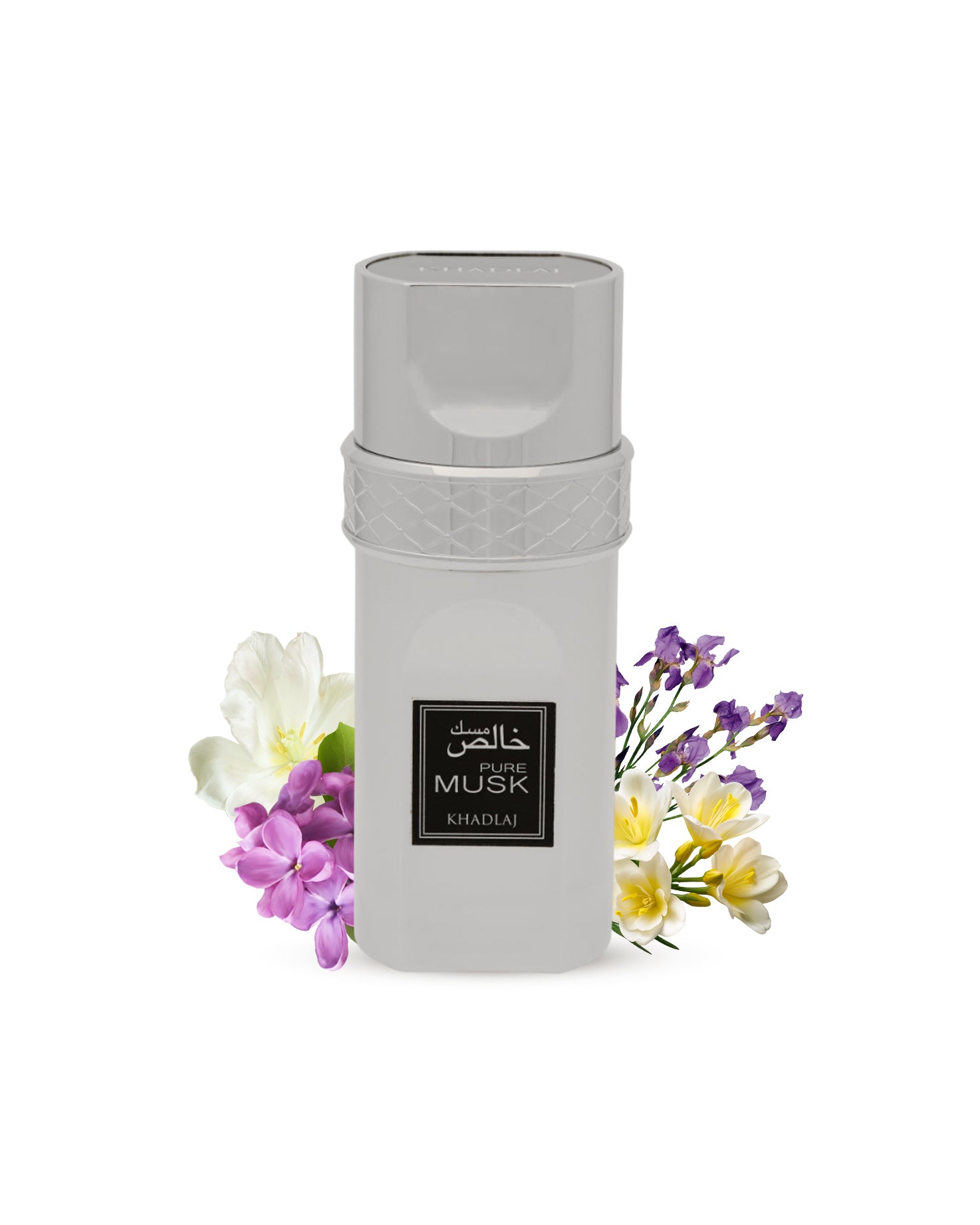 pure musk edp perfume BOTTLE surrounded by fressia iris against white background